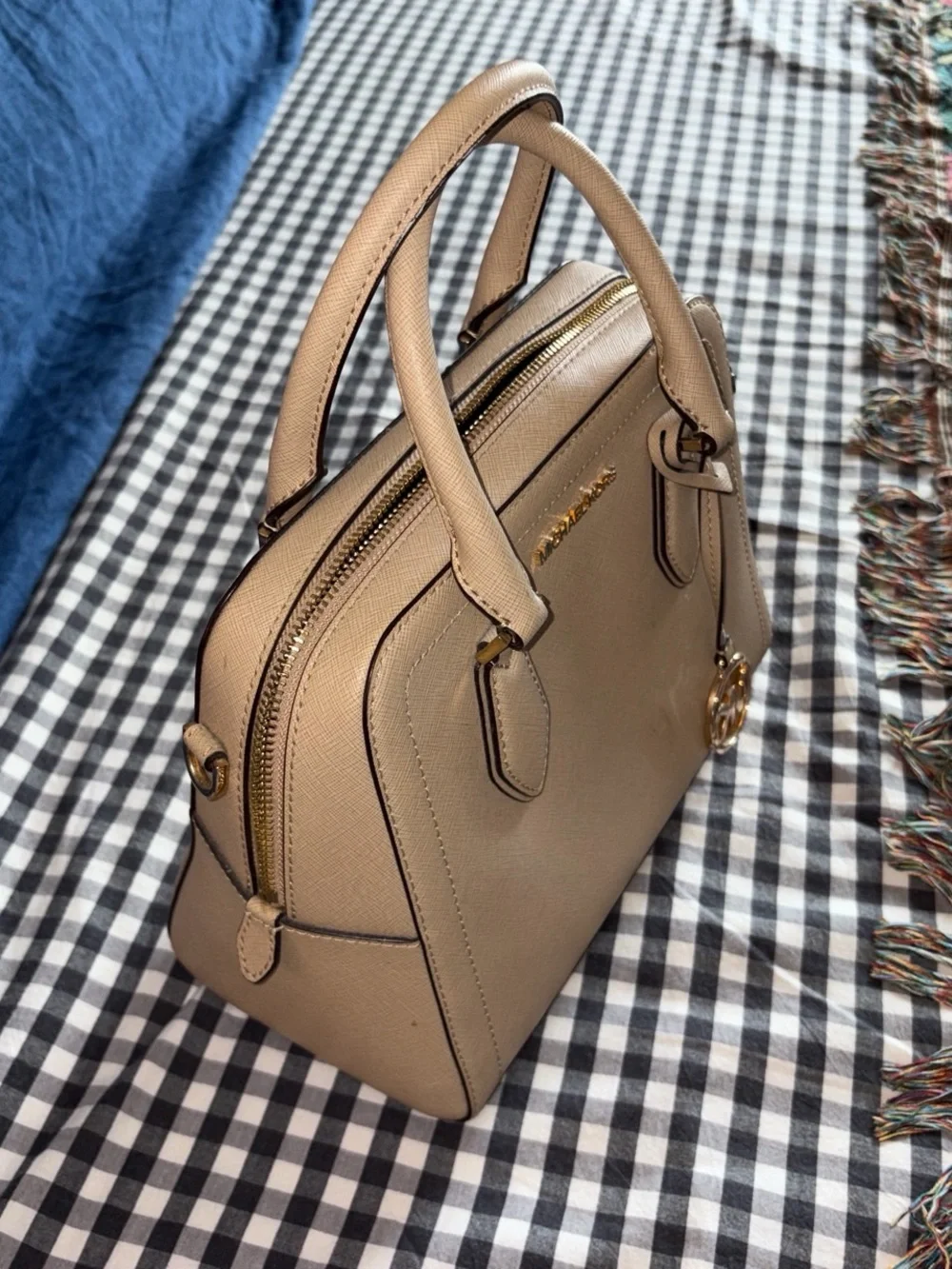 Michael Kors Light Beige Saffiano Satchel with Gold Charm